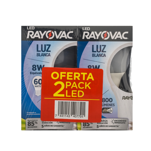 ROV 2PACK BOMBILLO LED LUZ BLANCA 8W